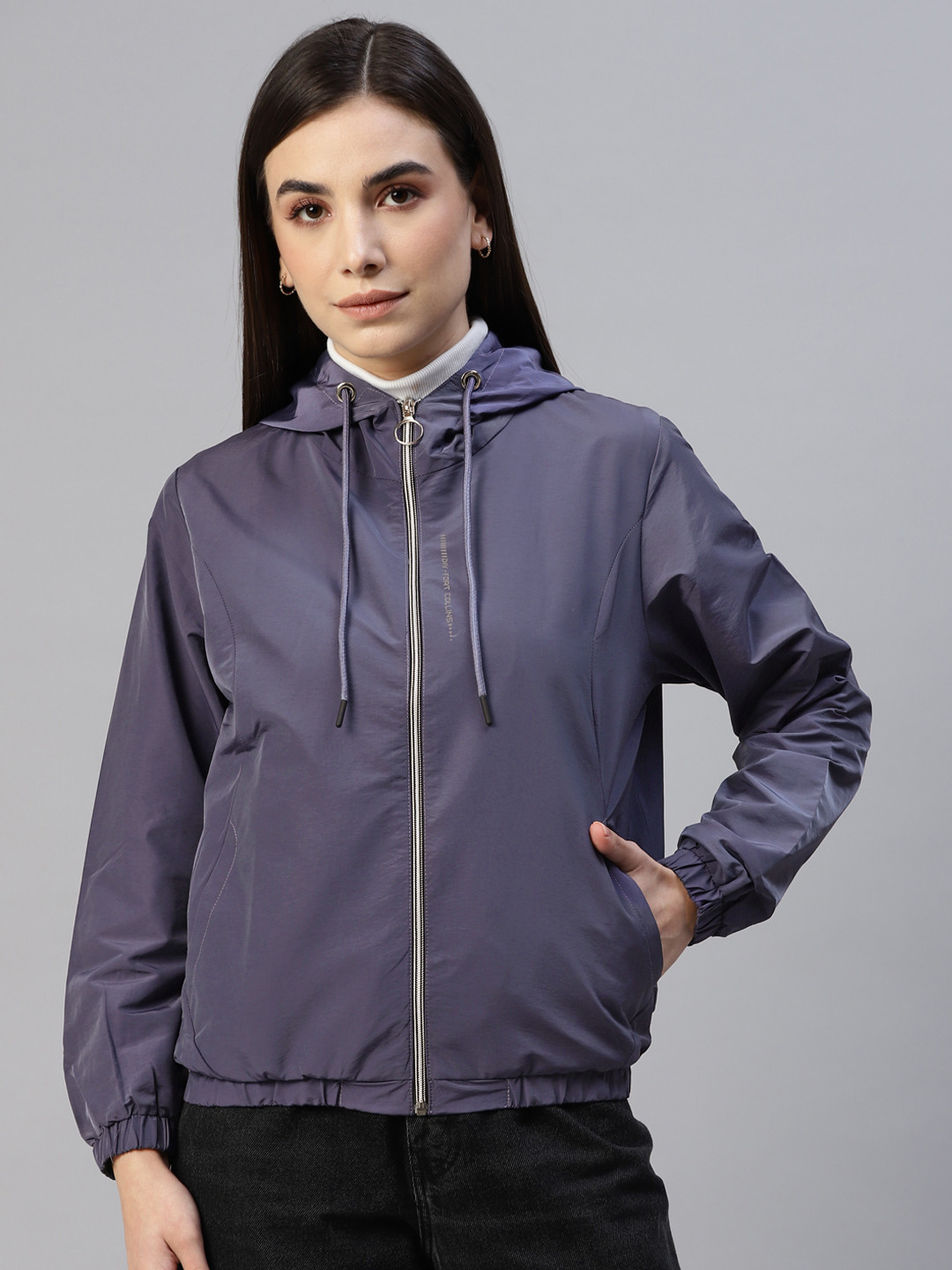 

Foreign Culture By Fort Collins Women Navy Blue Solid Hooded Tailored Jacket