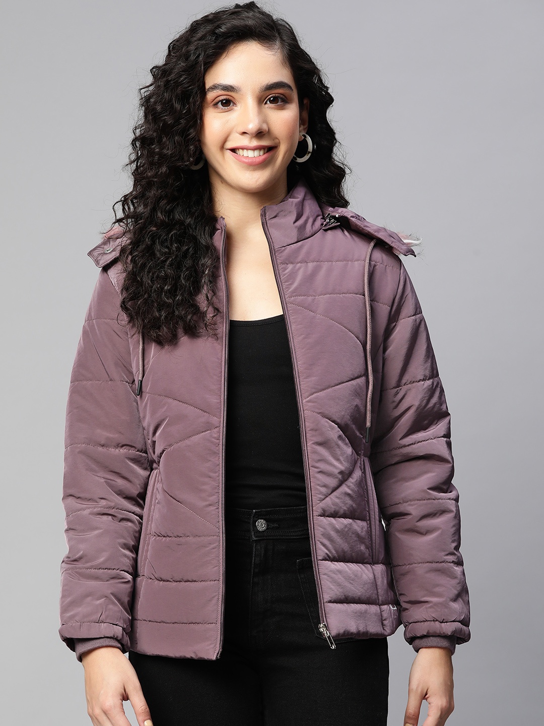 

Foreign Culture By Fort Collins Women Purple Solid Faux Fur Padded Jacket