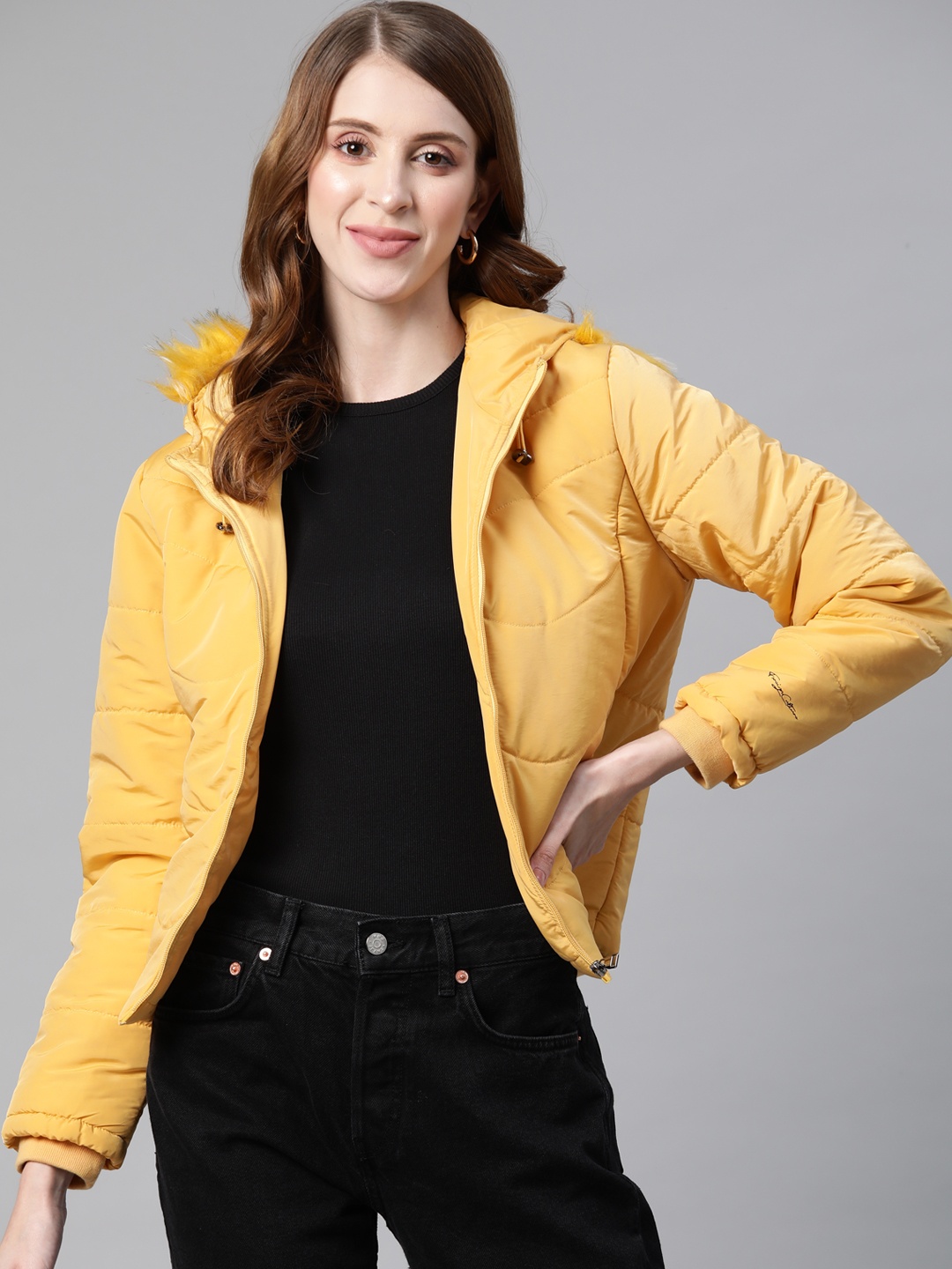 

Foreign Culture By Fort Collins Women Yellow Solid Padded Jacket