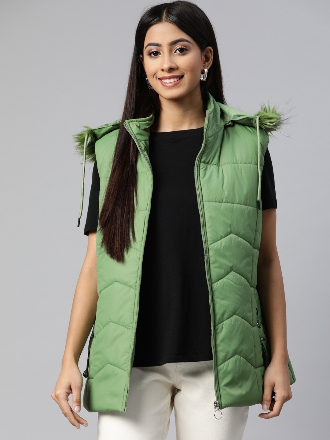 

Foreign Culture By Fort Collins Women Green Padded Jacket with Detachable Hood