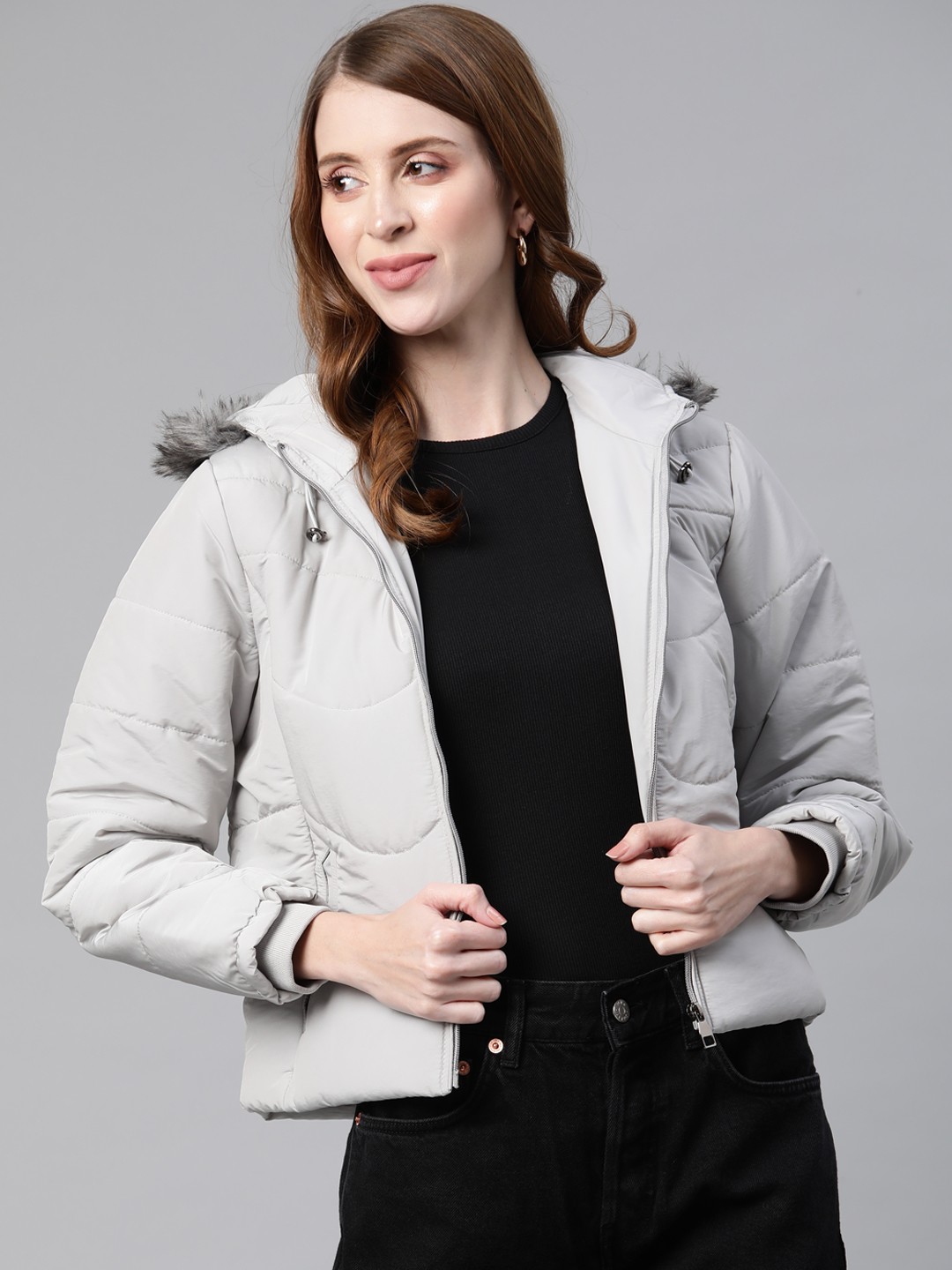 

Foreign Culture By Fort Collins Women Grey Solid Padded Jacket