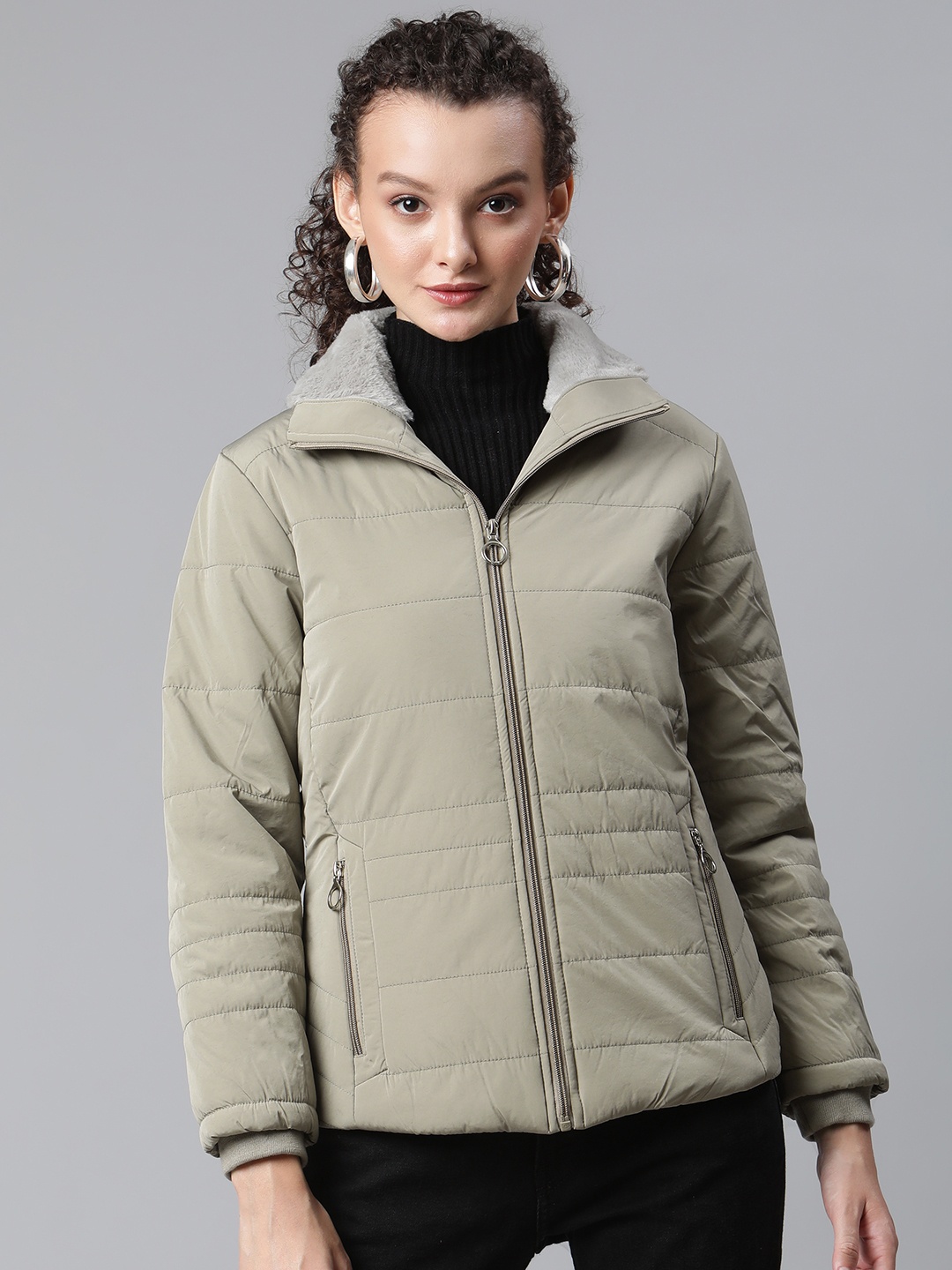 

Foreign Culture By Fort Collins Women Taupe Solid Faux Fur Trim Padded Jacket