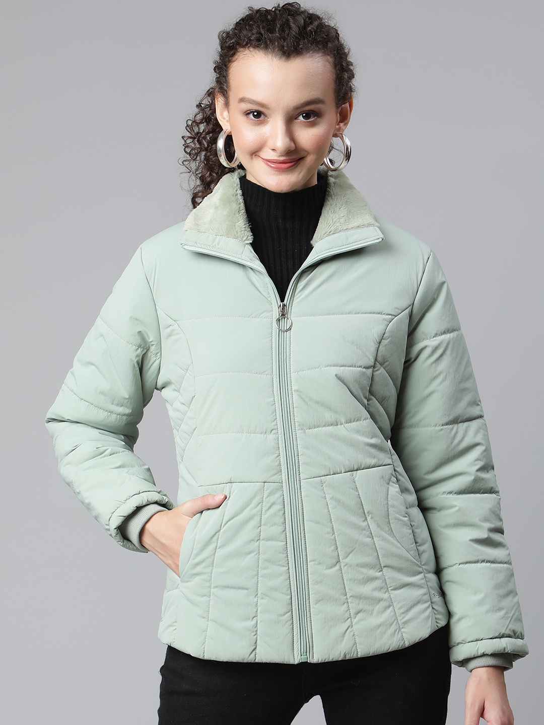

Foreign Culture By Fort Collins Women Sage Green Solid Faux Fur Trim Padded Jacket