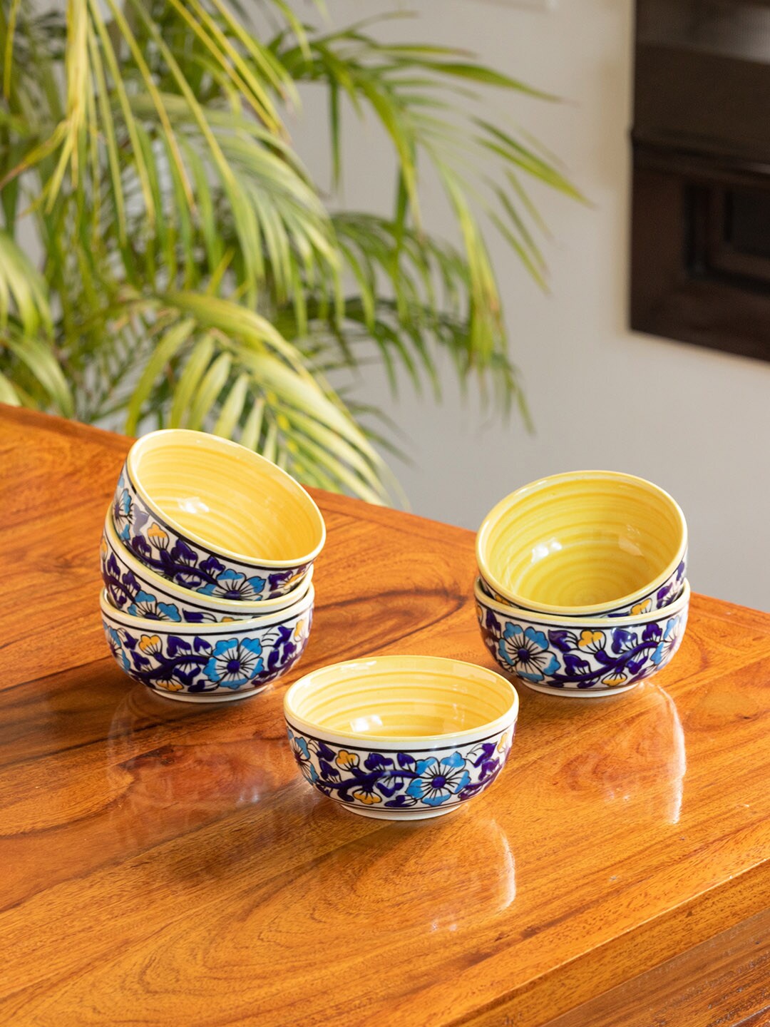

ExclusiveLane Navy Blue Yellow 6 Pieces Floral Printed Ceramic Glossy Bowls