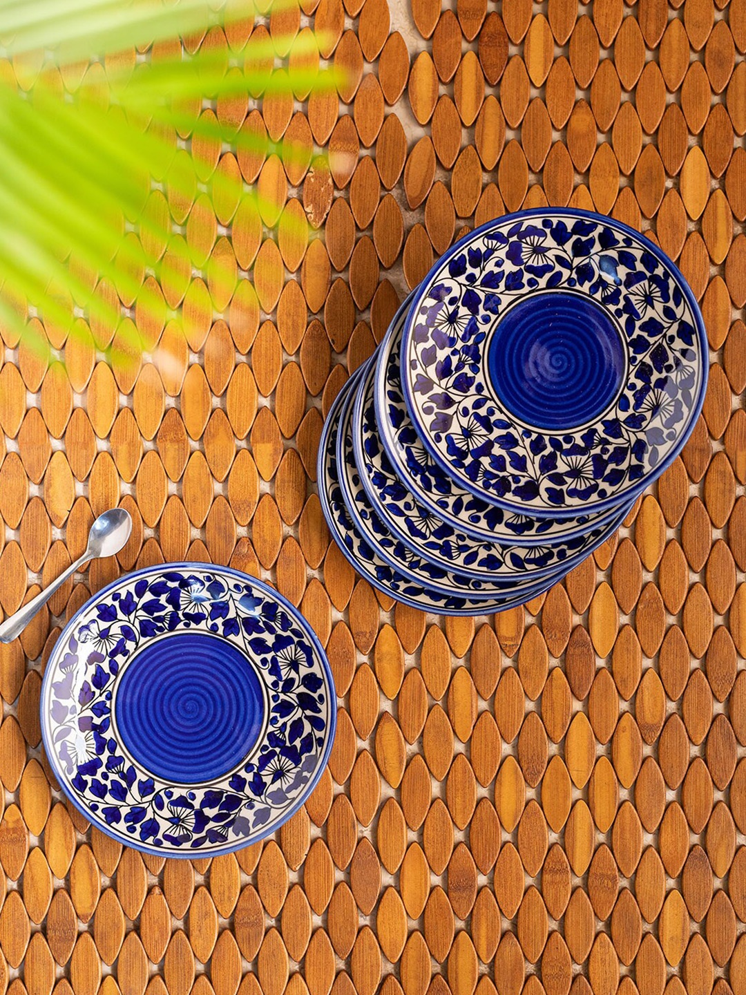 

ExclusiveLane Blue & White Set Of 6 Hand-Engraved Ceramic Side/Quarter Plates, Navy blue
