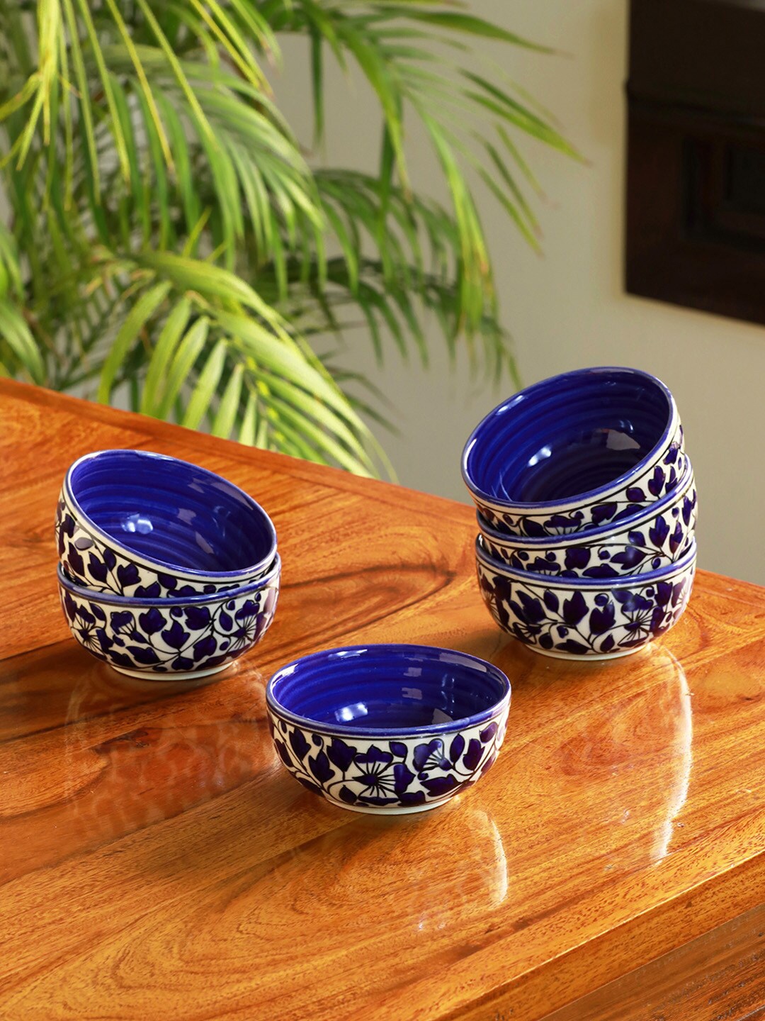 

ExclusiveLane Navy Blue & White 6 Pieces Floral Printed Ceramic Glossy Bowls