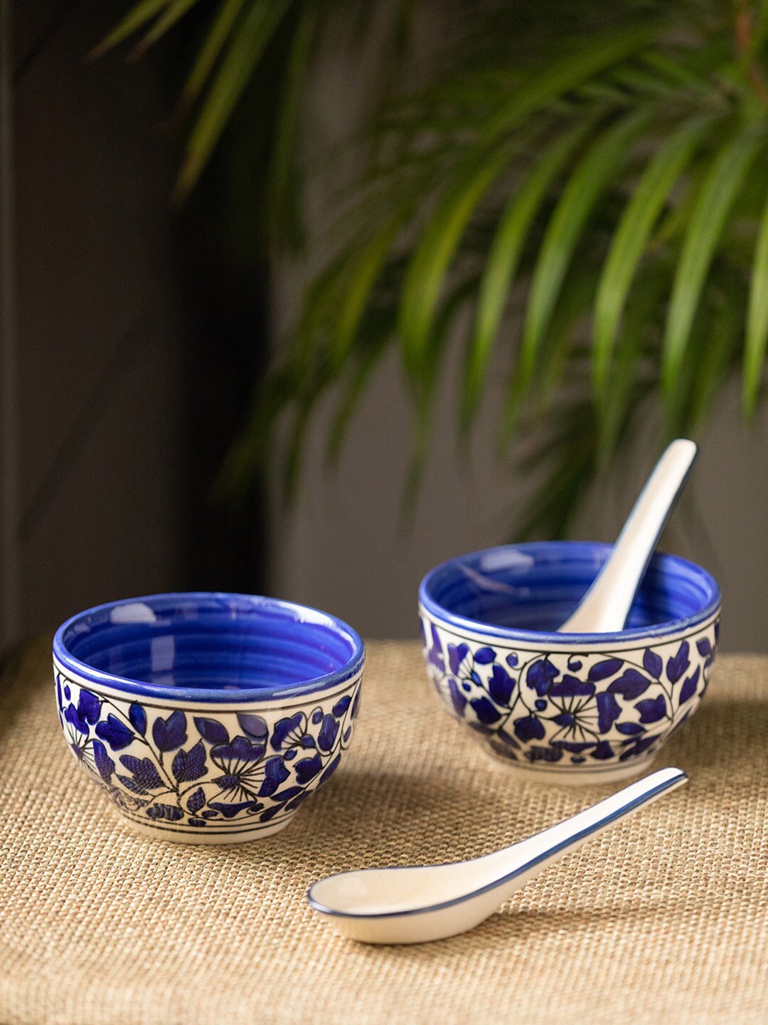 

ExclusiveLane Navy Blue Off White 2 Pieces Floral Printed Ceramic Glossy Bowls
