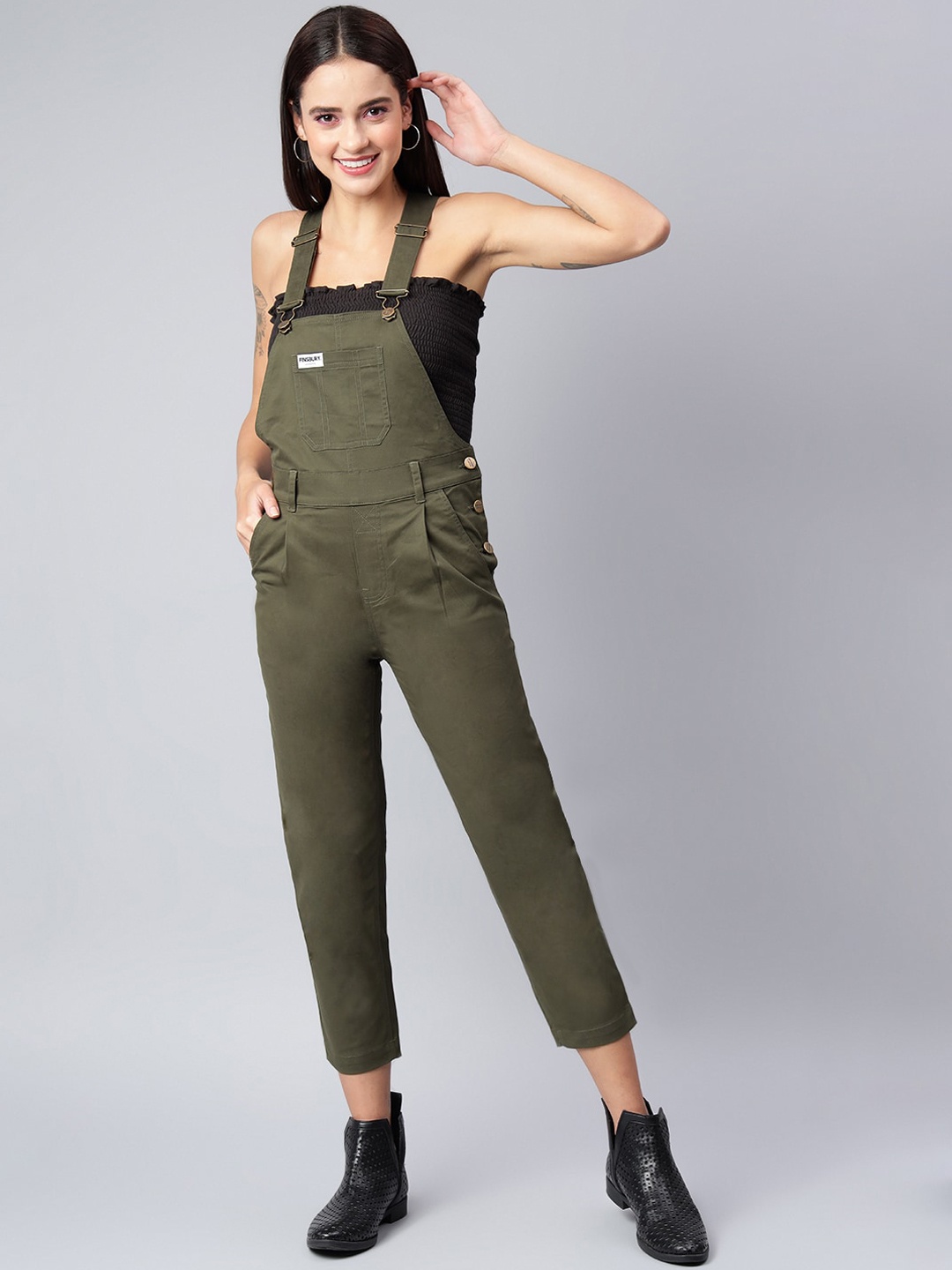 

FINSBURY LONDON Women Green Solid Twill Dungarees