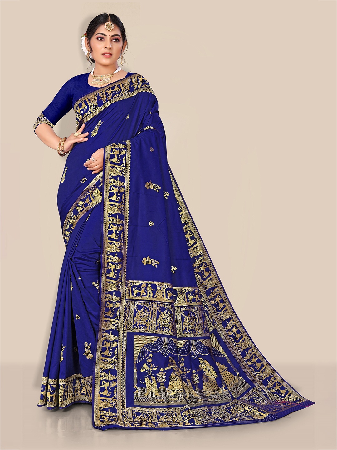 

Rivana Navy Blue & Gold-Toned Woven Design Zari Pure Silk Baluchari Saree