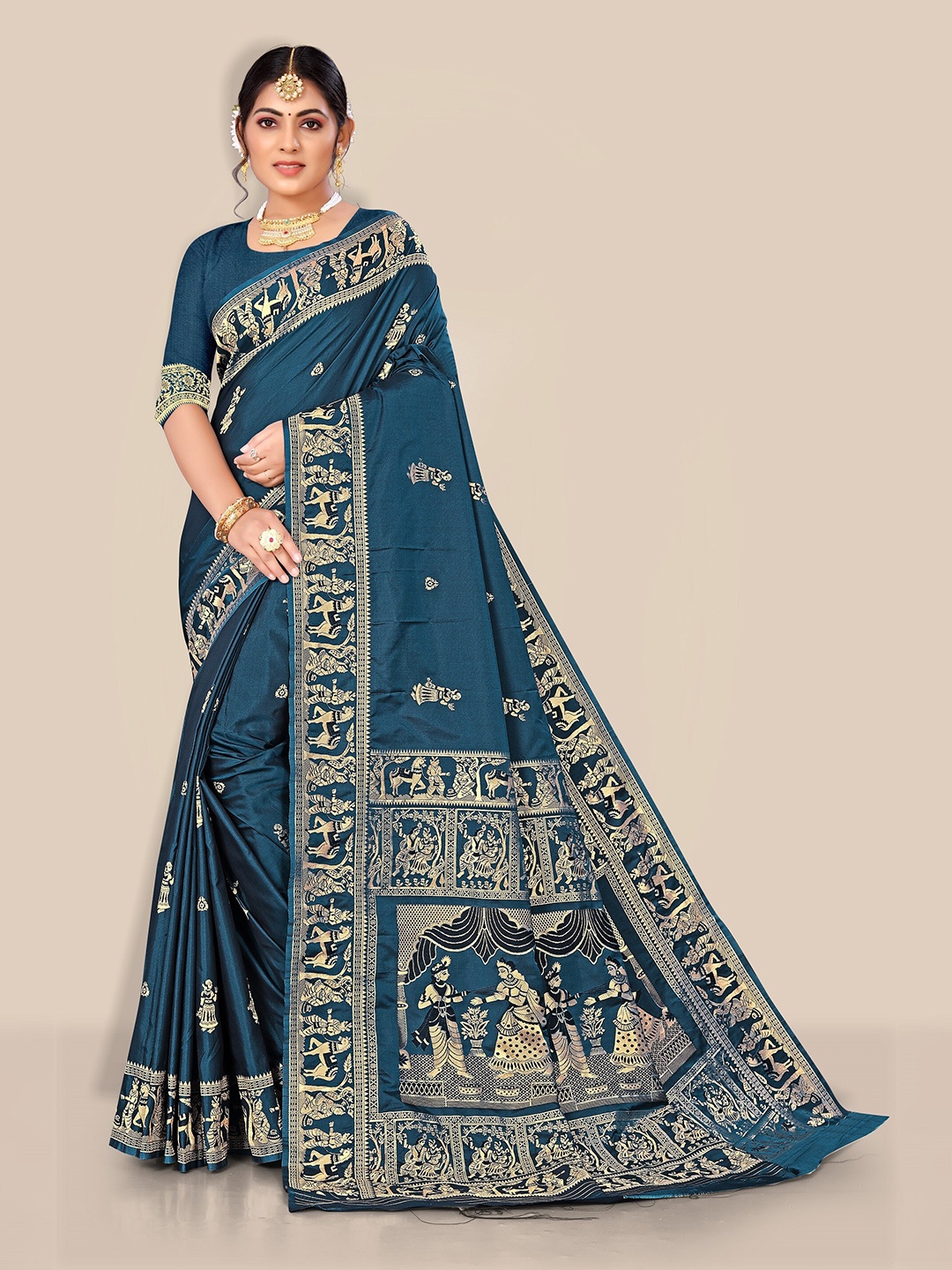 

Rivana Green & Gold-Toned Woven Design Zari Pure Silk Baluchari Saree