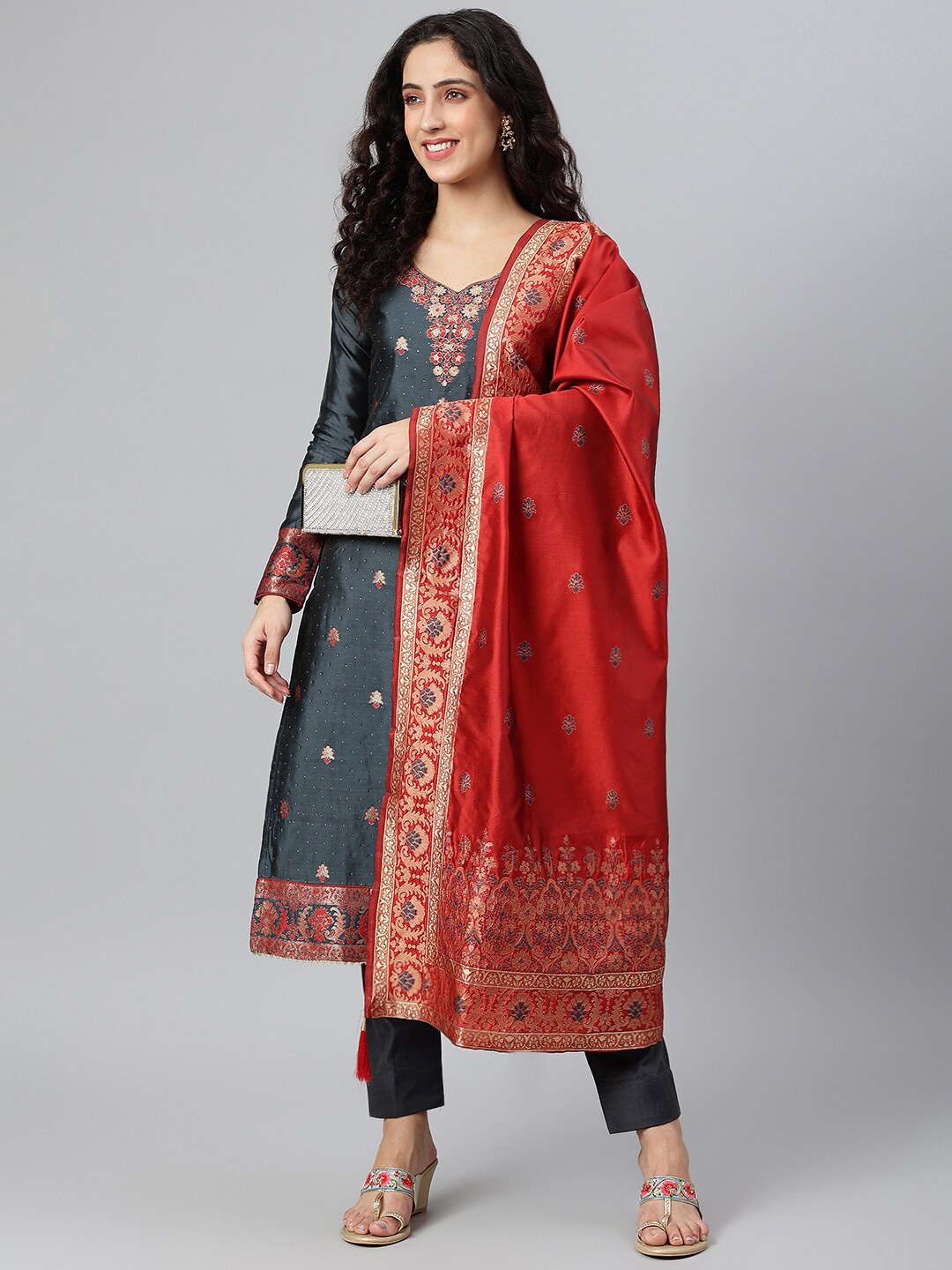 

Lilots Grey & Red Unstitched Dress Material