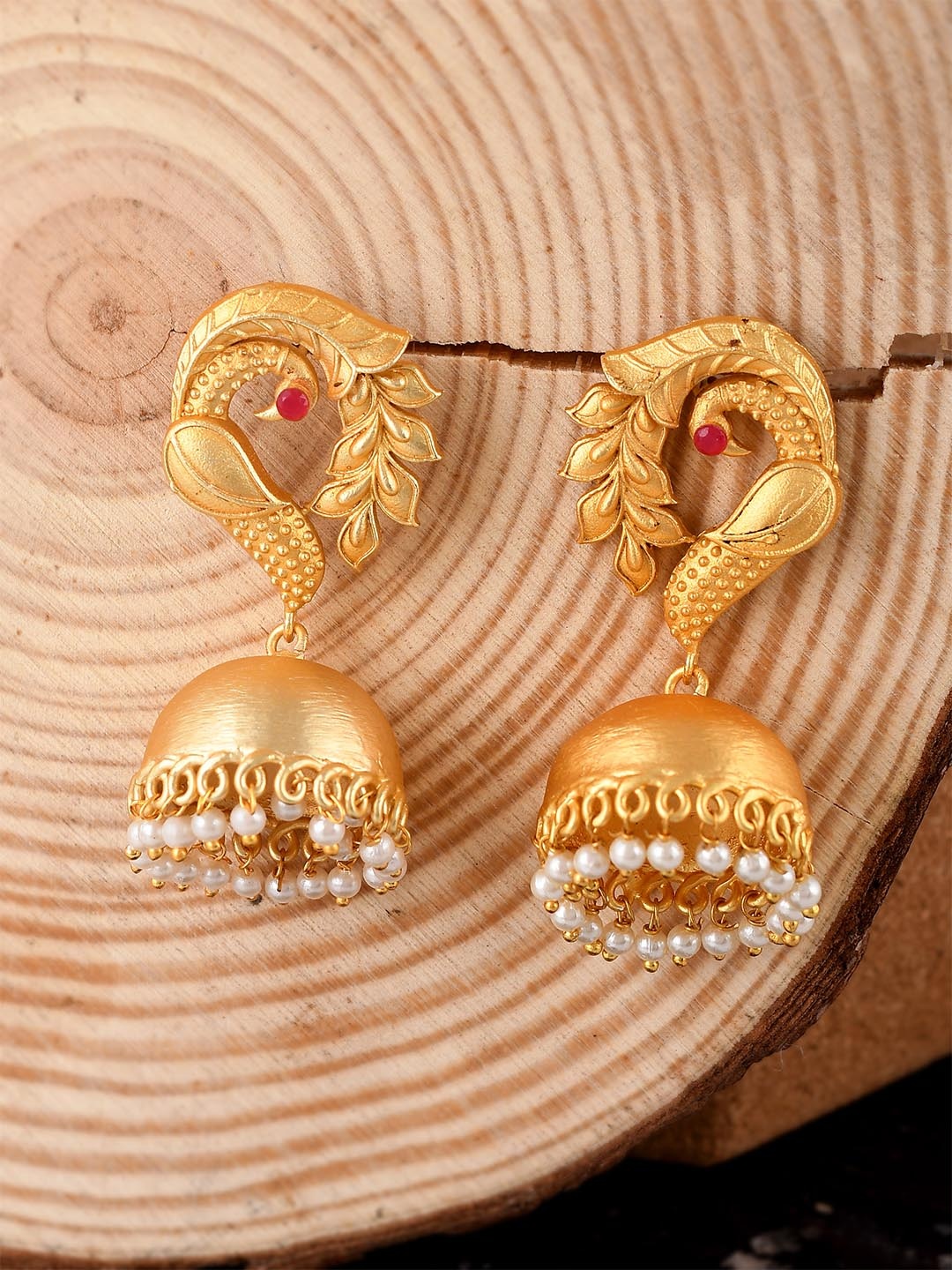 

Silvermerc Designs Gold-Toned Peacock Shaped Jhumkas Earrings