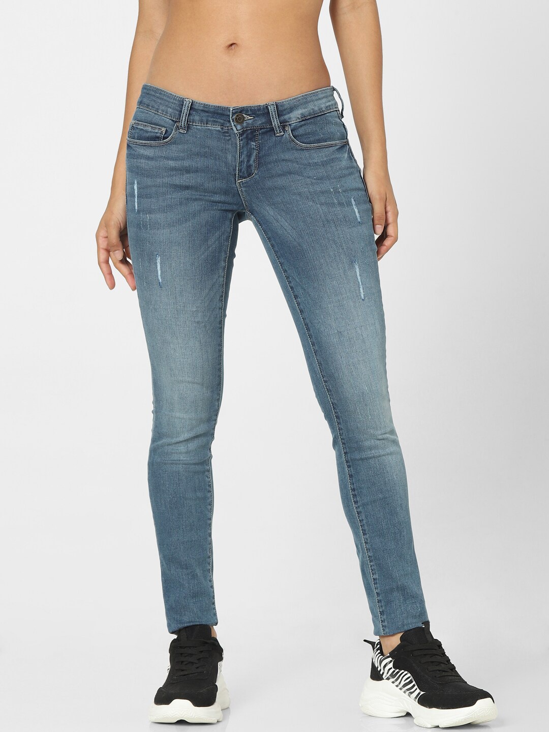 

ONLY Women Blue Skinny Fit Low-Rise Low Distress Light Fade Jeans