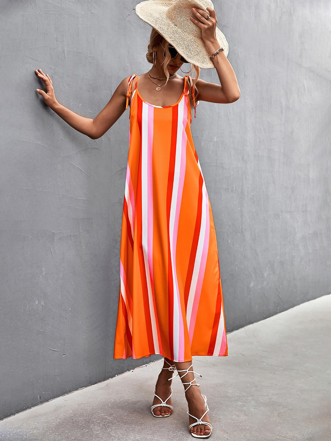 

BoStreet Orange Striped A-Line Maxi Dress