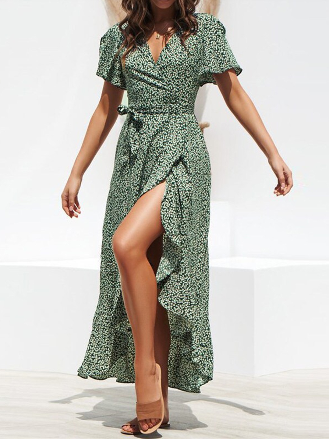 

BoStreet Green & deep grass green Animal Maxi Dress