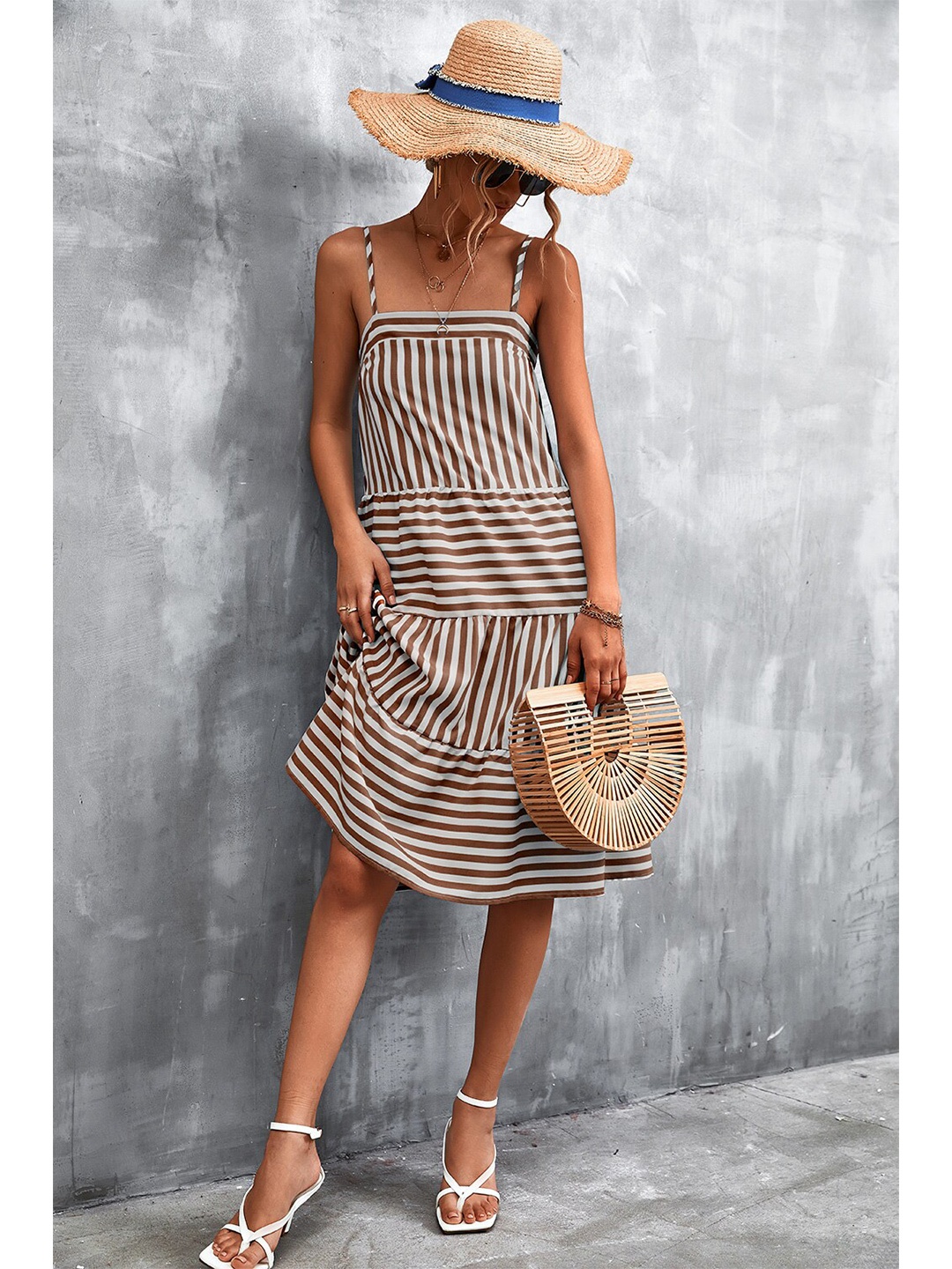 

BoStreet Brown & plein air Striped A-Line Dress
