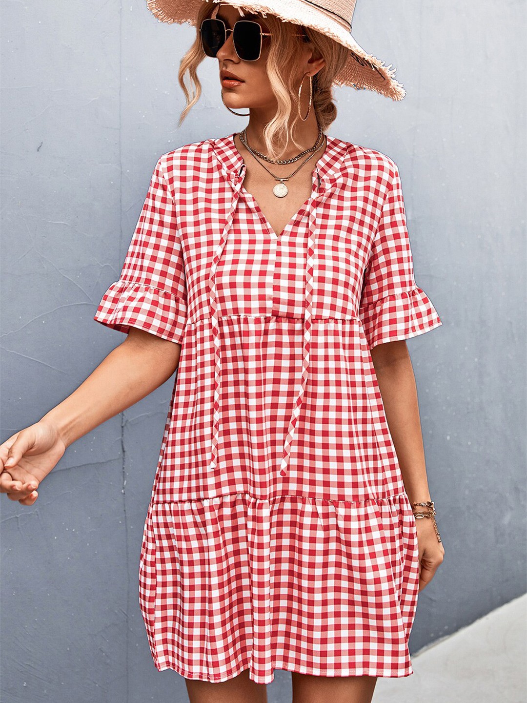

BoStreet Pink & coral almond Checked A-Line Dress