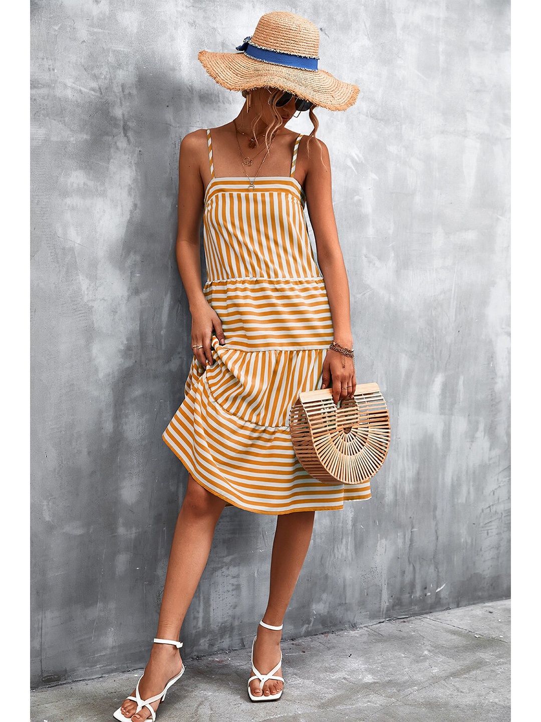 

BoStreet Yellow & white swan Striped Pinafore Dress