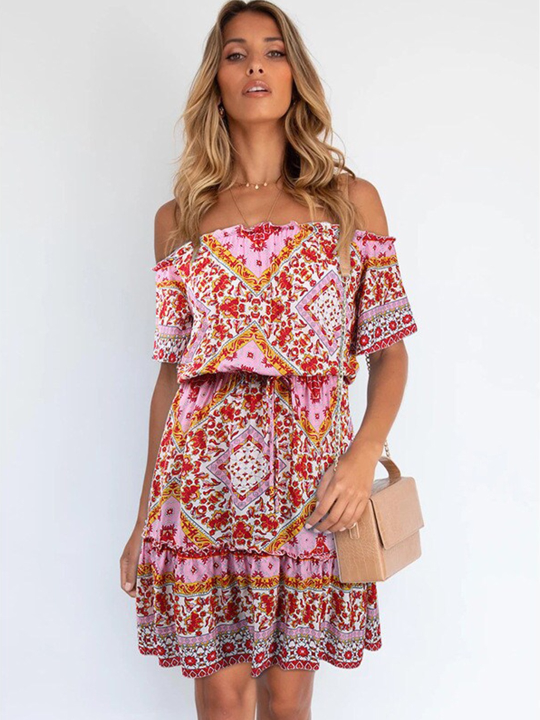 

BoStreet Red Ethnic Motifs Off-Shoulder A-Line Dress