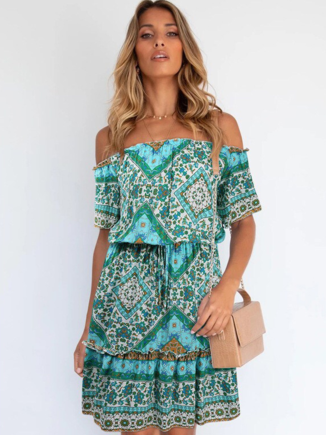 

BoStreet Blue Ethnic Motifs Off-Shoulder A-Line Dress