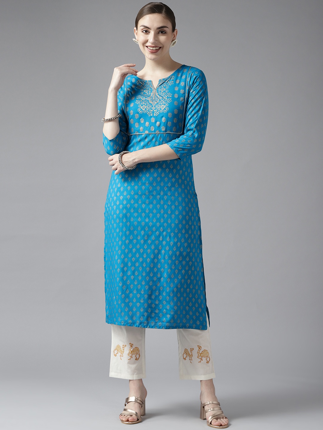 

Yufta Women Blue & Golden Ethnic Motifs Printed Pure Cotton Kurta