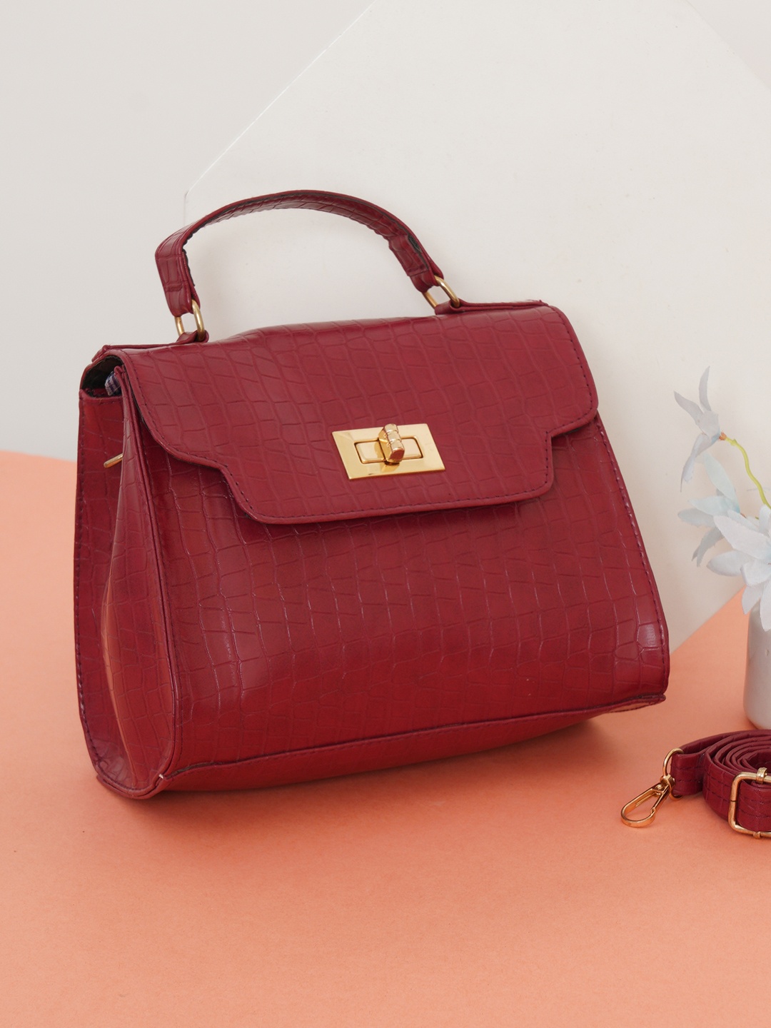 

FABBHUE Red Textured PU Oversized Structured Handheld Bag with Quilted