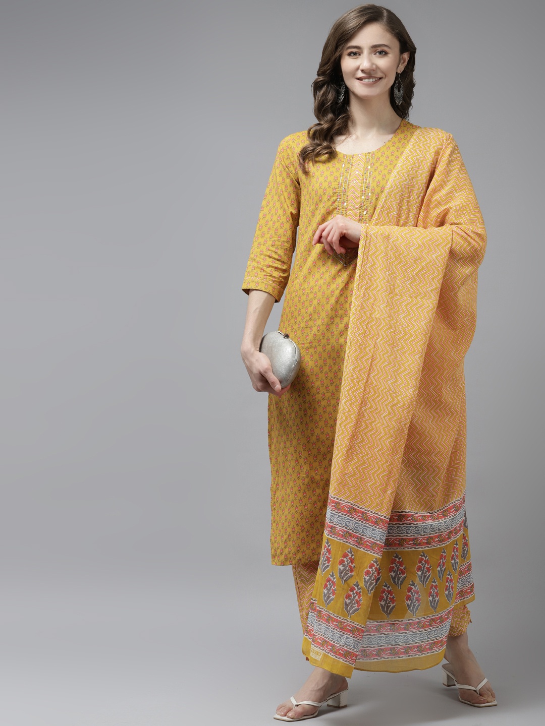 

Yufta Women Mustard Yellow Ethnic Motifs Printed Pure Cotton Kurta with Trousers & Dupatta