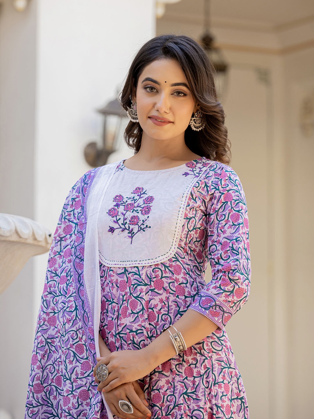 

Yufta Women Lavender Ethnic Motifs Printed Pure Cotton Kurta with Trousers & Dupatta