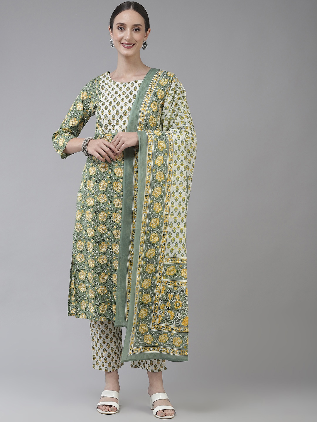 

Yufta Women Green Ethnic Motifs Printed Pure Cotton Kurta with Trousers & Dupatta