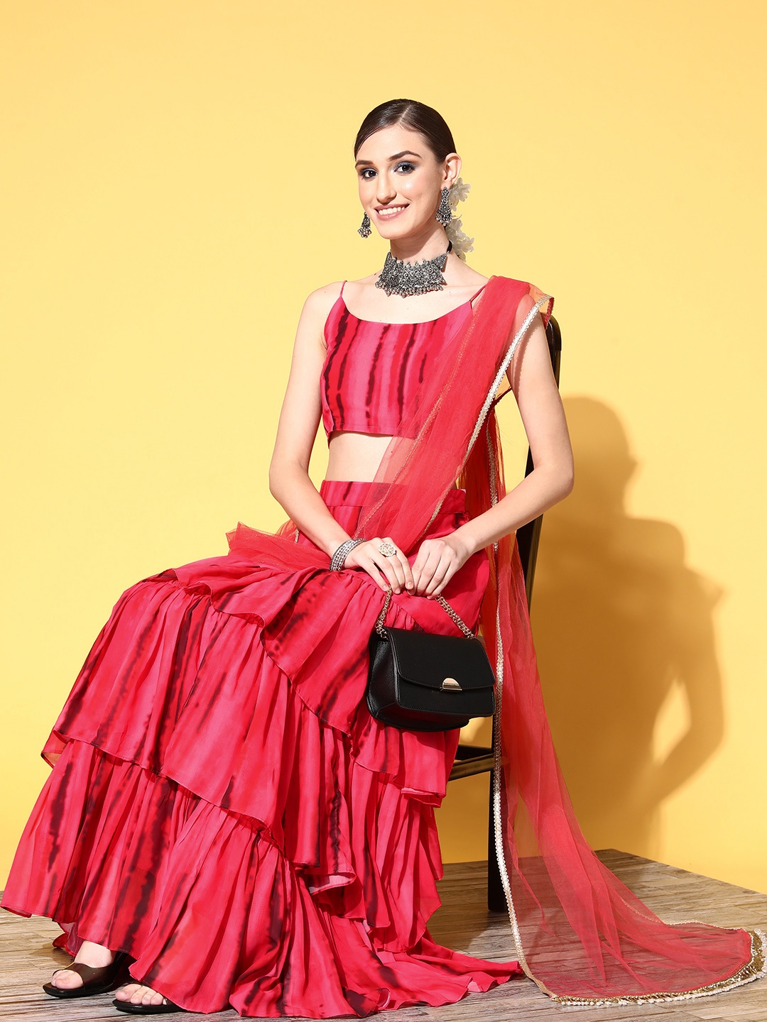 

Inddus Pink & Red Tie and Dye Sequinned Lehenga Drape Ruffle Saree with Blouse