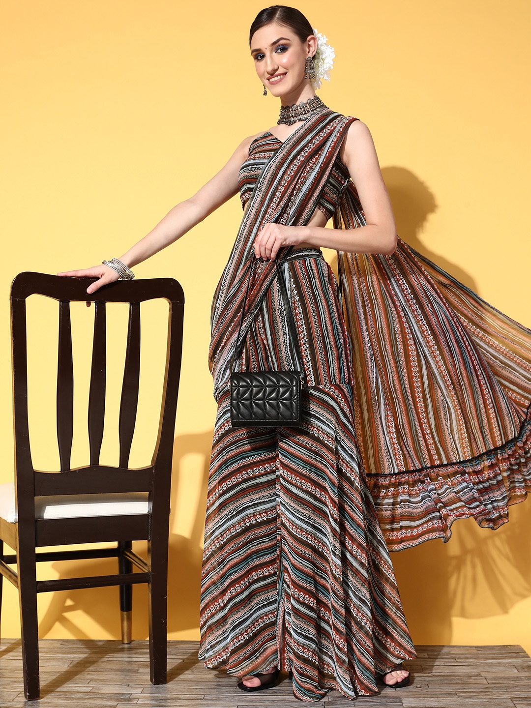 

Inddus Striped Saree with Printed border, Black