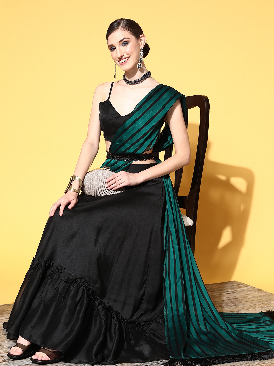 

Inddus Striped Saree, Black