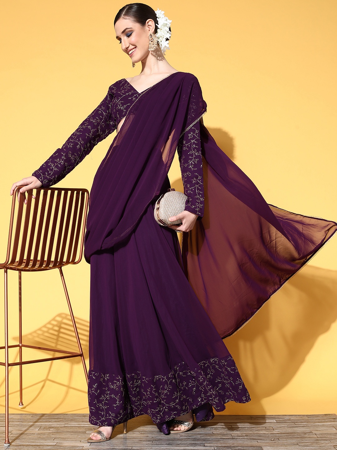 

Inddus Floral Saree with Zari border, Purple