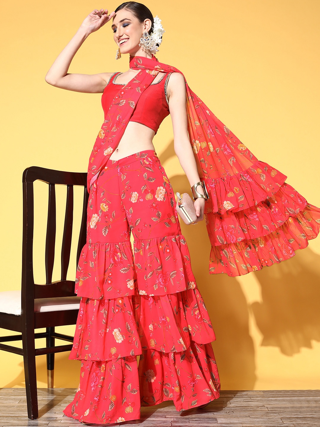 

Inddus Floral Saree with Solid border, Pink