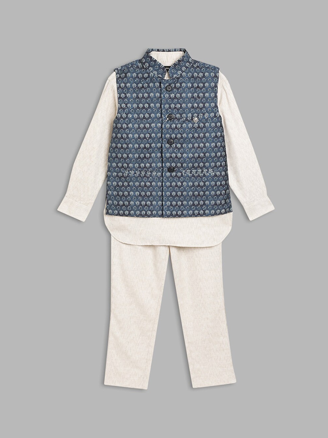 

Blue Giraffe Teen Boys Off White & Blue Baandhgala Set