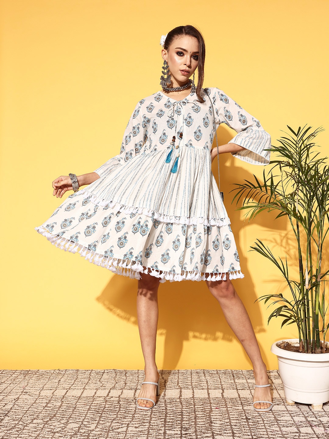 

Ishin Women White Floral Desi Girl Dress