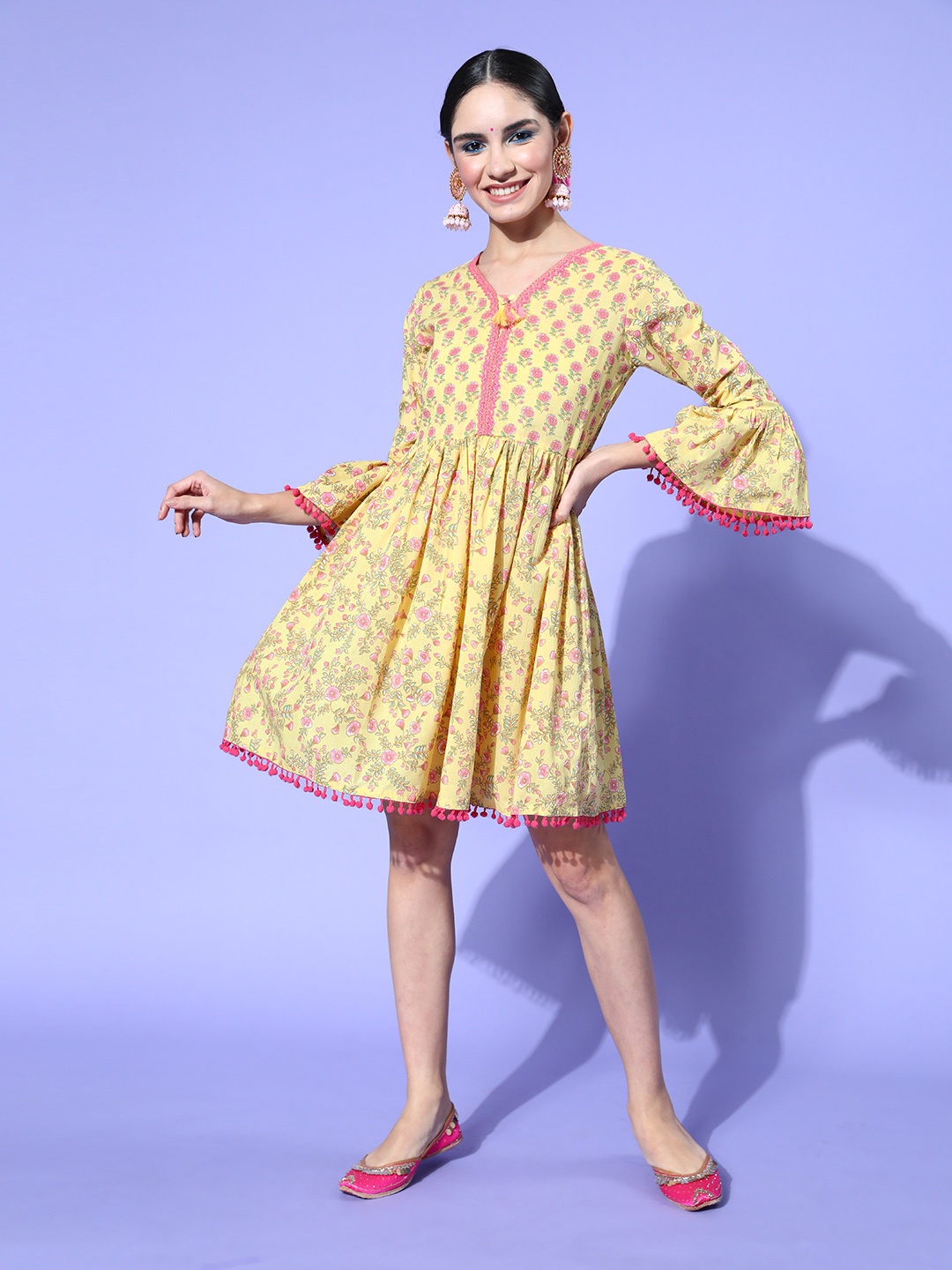 

Ishin Women Yellow Floral Desi Girl Dress