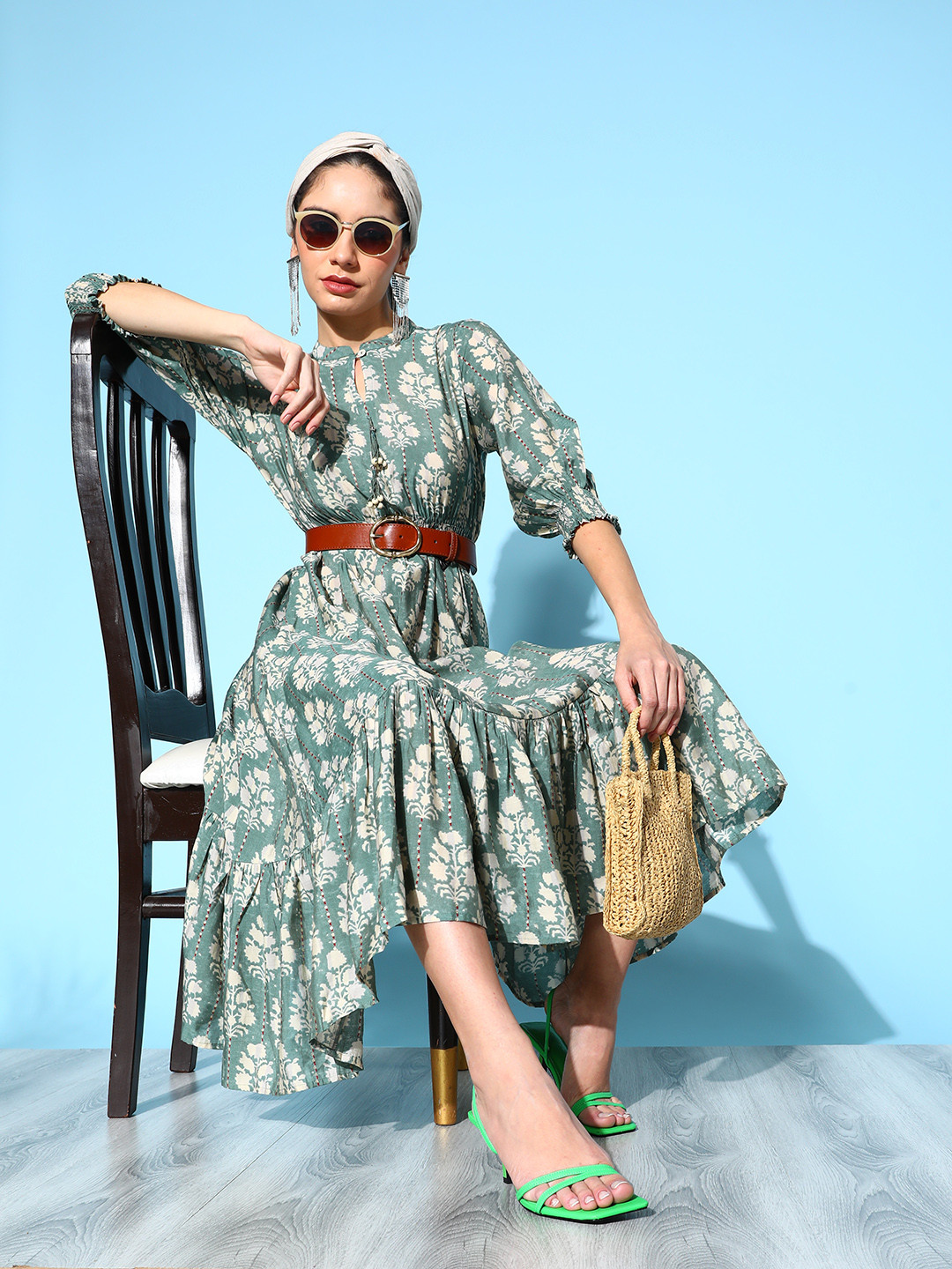 

ZOLA Women Gorgeous Green Ethnic Motifs Volume Play Dress