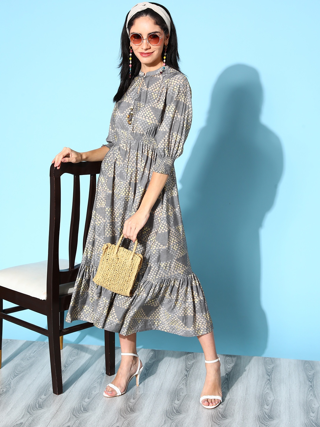 

ZOLA Women Attractive Grey Geometric Volume Play Dress