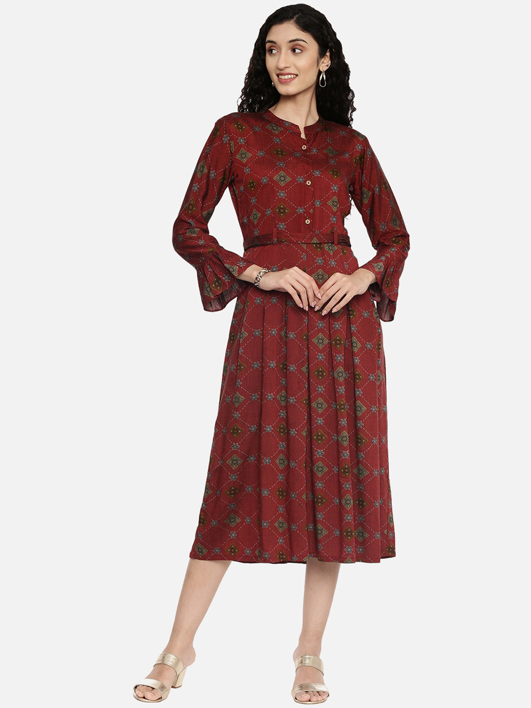 

R&B Maroon Ethnic Motifs Printed Fit and Flare Dress