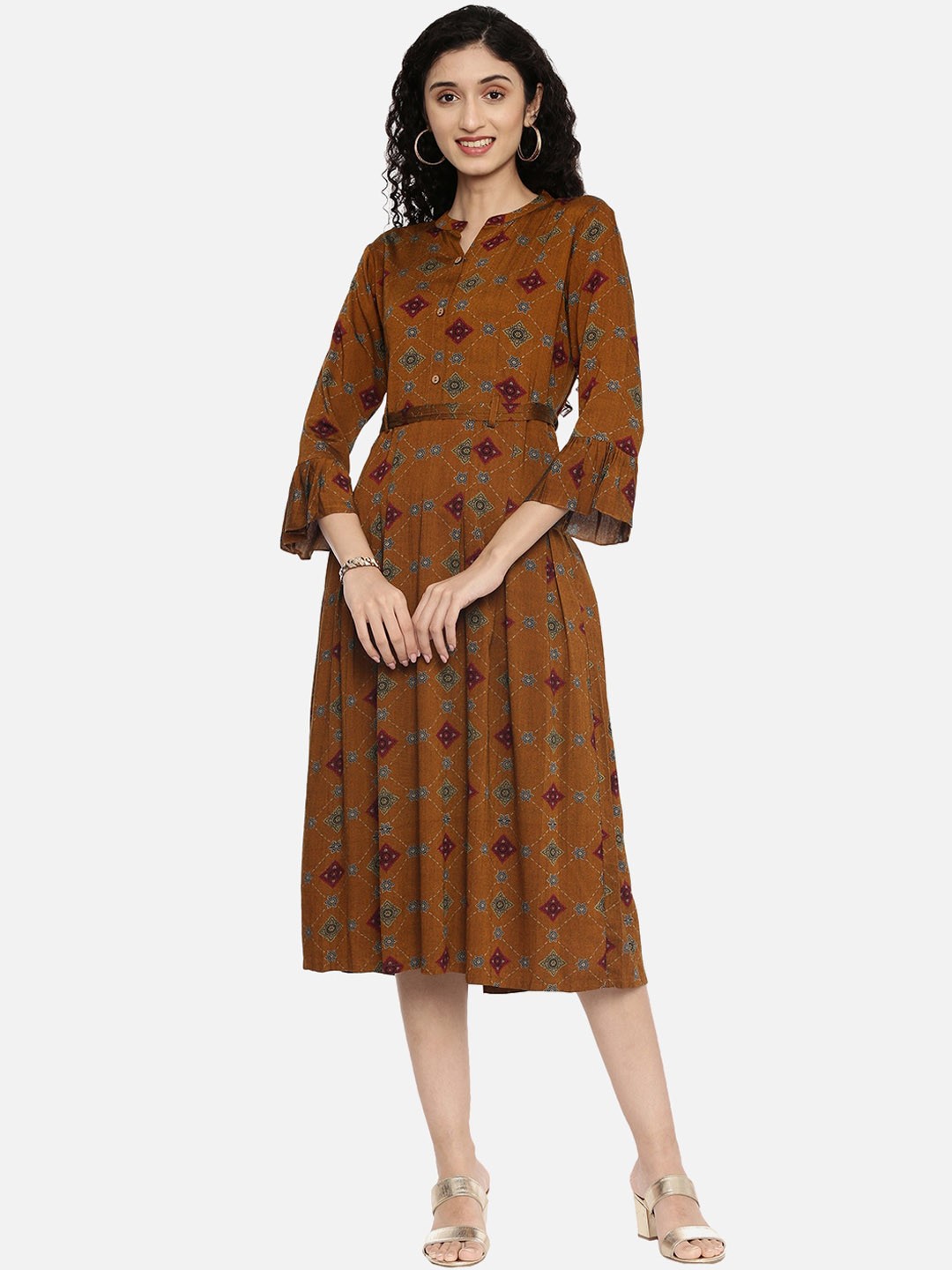 

R&B Women Mustard Yellow & Teal Ethnic Motifs Cotton Fit & Flare Dress