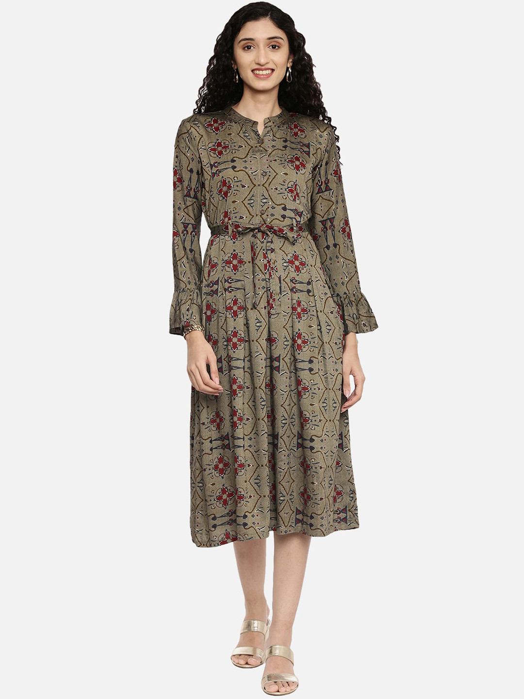 

R&B Grey & Red Ethnic Motifs Cotton Fit & Flare Dress