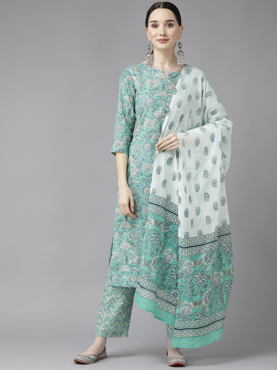 

Yufta Women Sea Green Floral Print Pure Cotton Kurta with Trousers & Dupatta