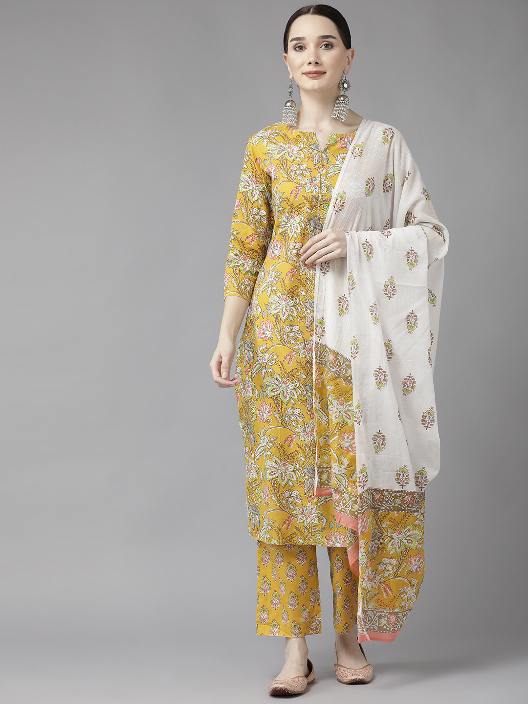 

Yufta Women Yellow & Off-White Floral Print Pure Cotton Kurta with Trousers & Dupatta