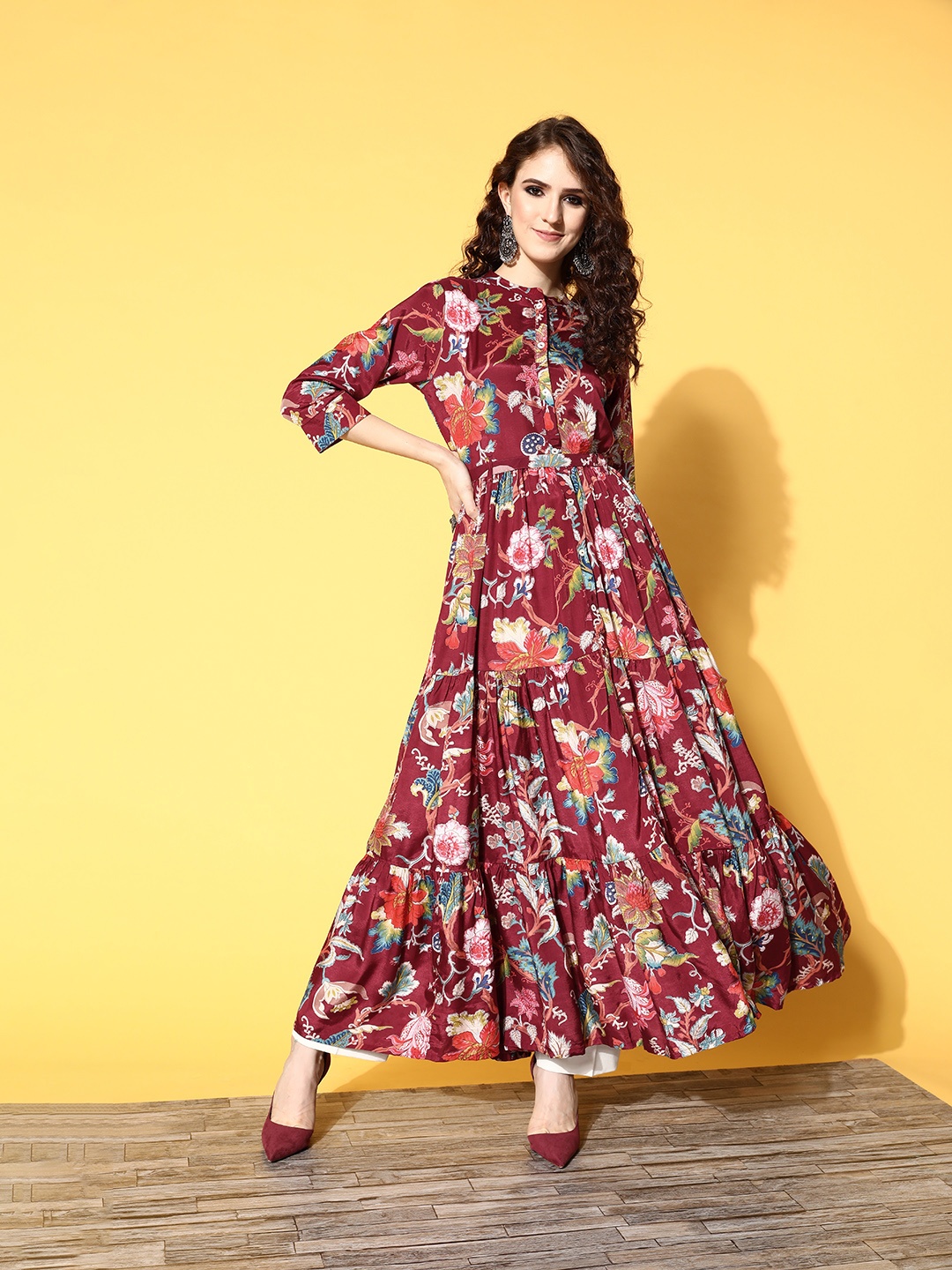 

ZOLA Women Charming Maroon Art Silk Swirling Volume Kurta
