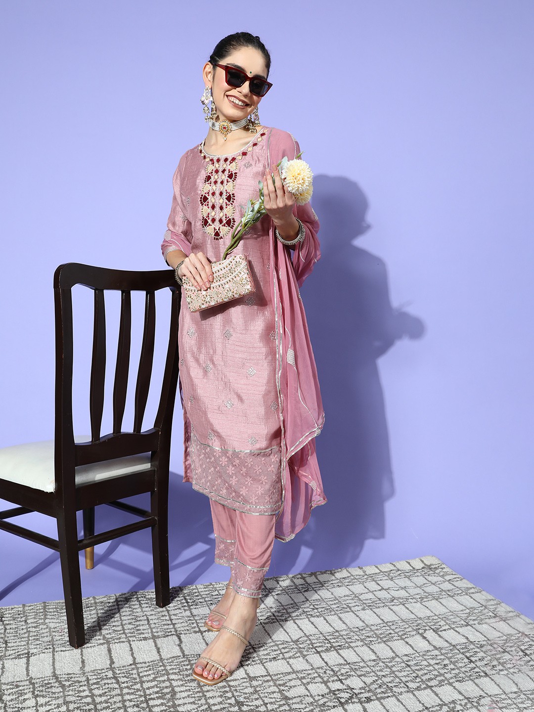 

Ishin Women Ethnic Motifs Raw Silk Patakha Guddi Kurta Set, Mauve