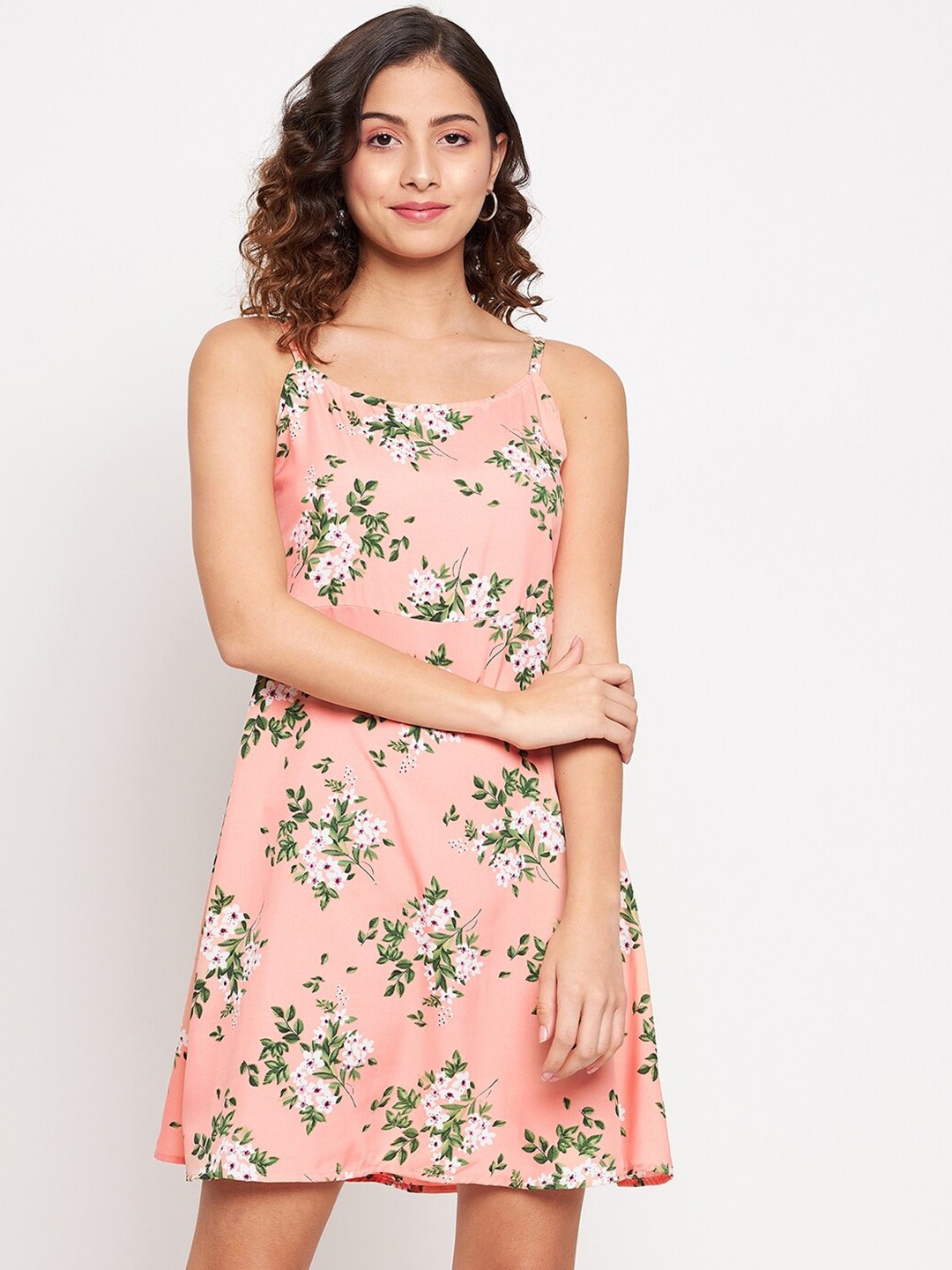 

JHANKHI Peach-Coloured Floral Printed Shoulder Strap Midi A Line Dress