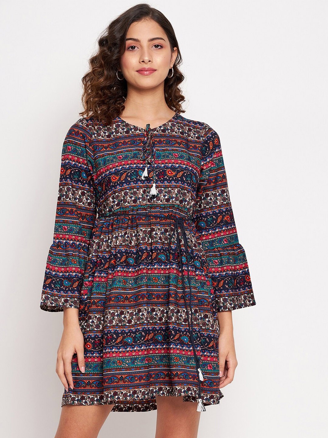 

JHANKHI Multicoloured Tie-Up Neck Fit and Flare Boho Dress, Multi