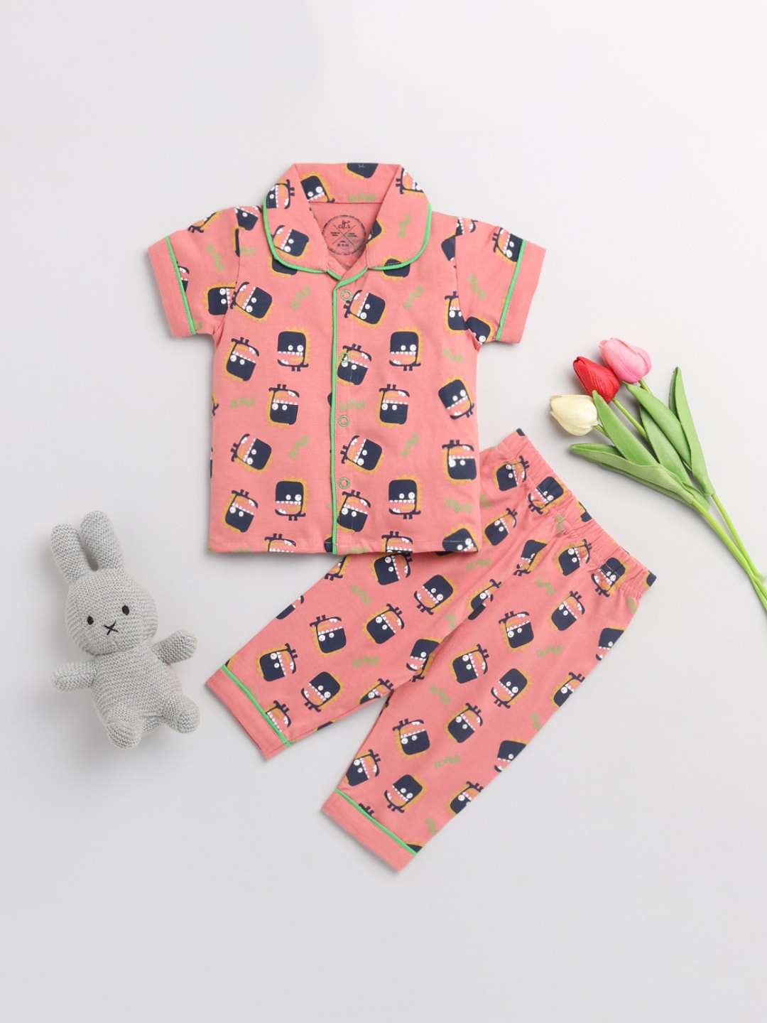 

Clt.s Kids Peach-Coloured Printed Pure Cotton Night Suit