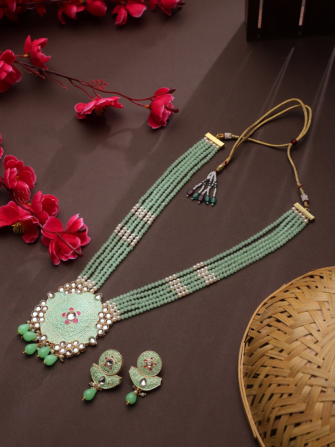 

STEORRA JEWELS Gold Plated Green Kundan Studded & Beaded Handcrafted Jewellery Set